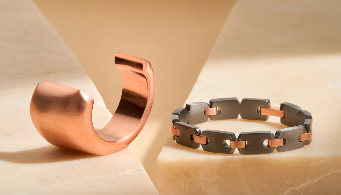 Editorial comparison of an open cuff bracelet and an articulated link bracelet