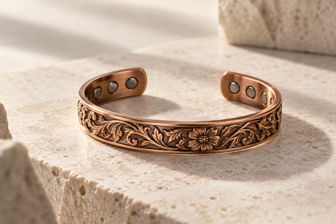 Copper magnetic bracelet with integrated inner magnetic components on warm stone
