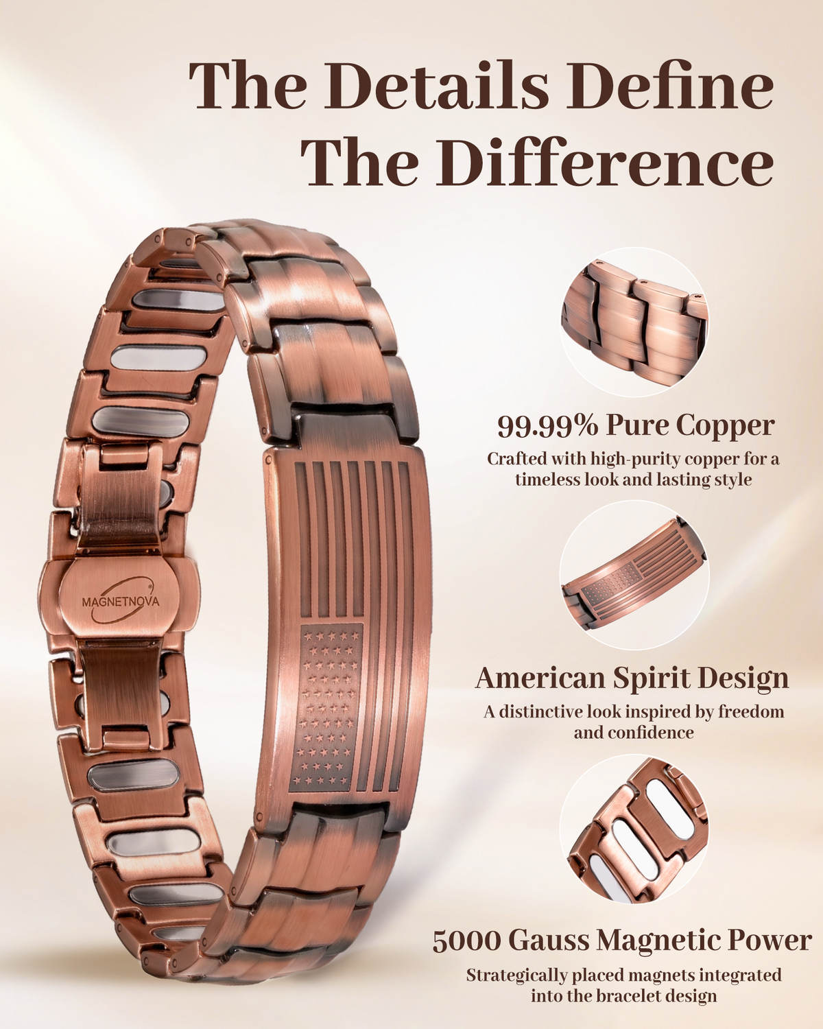 MagnetNova men's American flag copper magnetic bracelet – product image 2