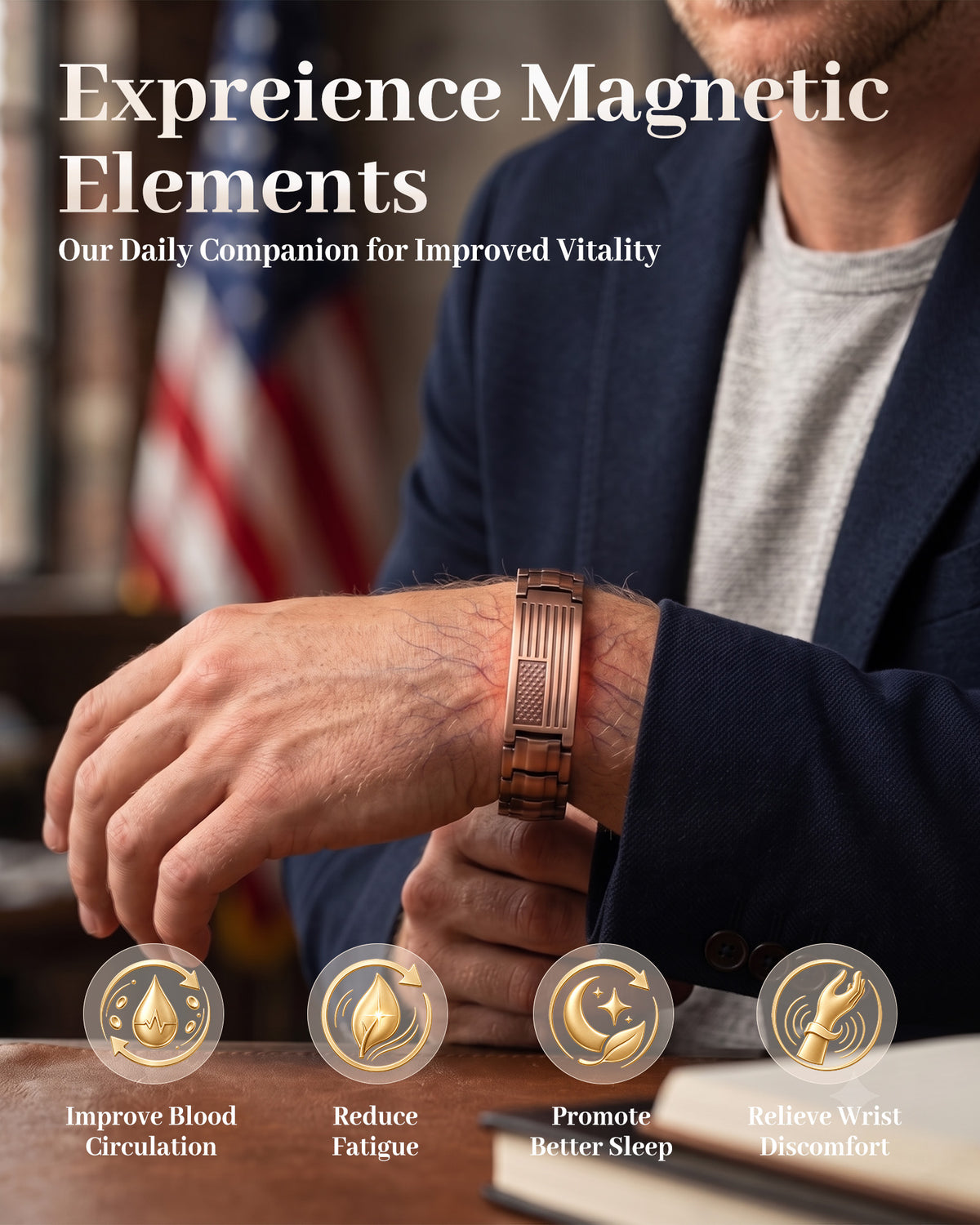 MagnetNova men's American flag copper magnetic bracelet – product image 4