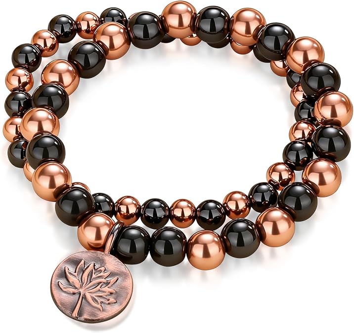 MagnetNova magnetic hematite and copper bead bracelet set with lotus charm